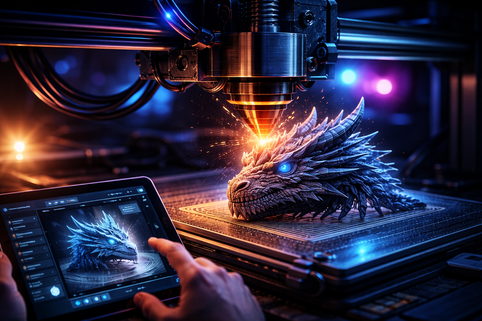 A glowing printer forging a dragon model