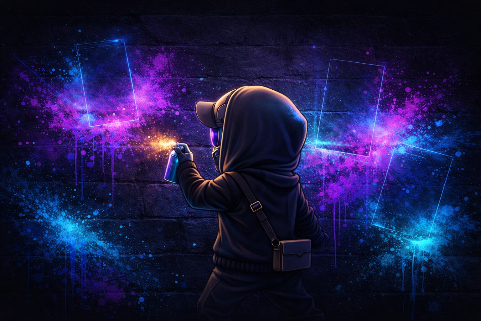 The Outpost — hooded creator surrounded by blue and purple collectible card outlines